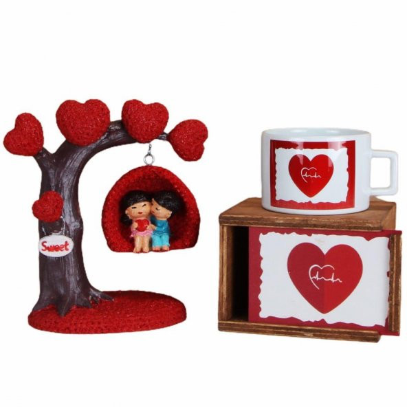 Kalpli Ağaç Altında Sallanan Aşıklar Biblo Kalp Kutulu Kupa Sevgiliye Hediye Seti