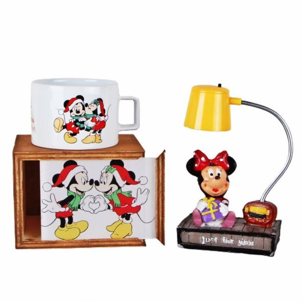 Mickey Mouse Minnie Mouse Ahşap Kutulu Kupa Minnie Işıklı Biblo Masa Lambası Yılbaşı Hediye Seti