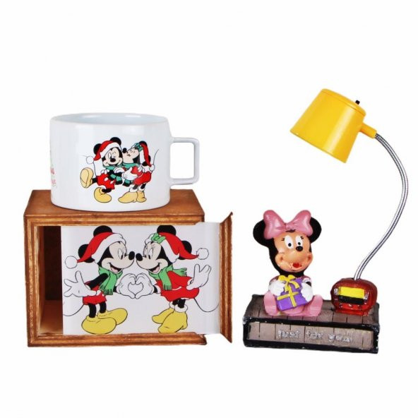 Mickey Mouse Minnie Mouse Ahşap Kutulu Kupa Minnie Mouse Işıklı Biblo Yılbaşı Hediye Seti