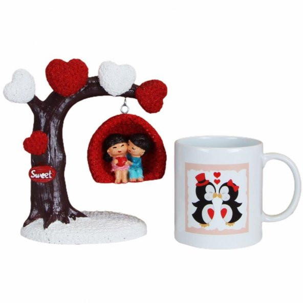 Kalpli Ağaç Altında Sallanan Aşıklar Biblo Aşık Penguenler Kupa Sevgiliye Hediye Seti