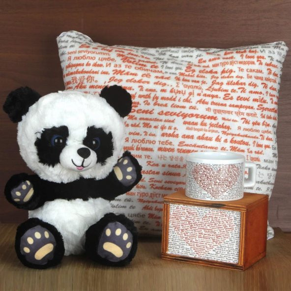 Yüz Dilde Seni Seviyorum Yazılı Kutulu Kupa Büyük Boy Yastık Panda Hediye Seti