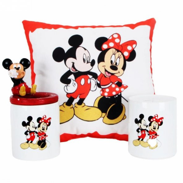 Mickey Mouse Minnie Mouse Kalemlik Puf Yastık Mickey Minnie Kumbara Hediye Seti - 1