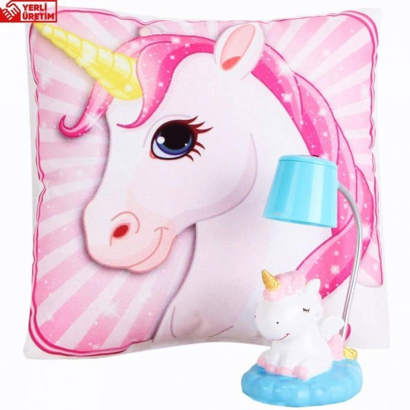 Pembe Unicorn   Puf Yastık Ponçik Unicorn Masa Gece Lambası Işıklı Biblo Hediye Seti