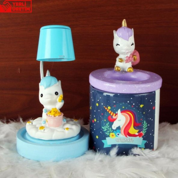 Gülümseyen Gökkuşağı Unicorn Biblo Kalemlik Unicorn Işıklı Biblo Hediye Seti