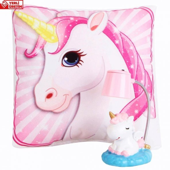 Pembe Unicorn   Puf Yastık Ponçik Unicorn Masa Gece Lambası Işıklı Biblo Hediye Seti