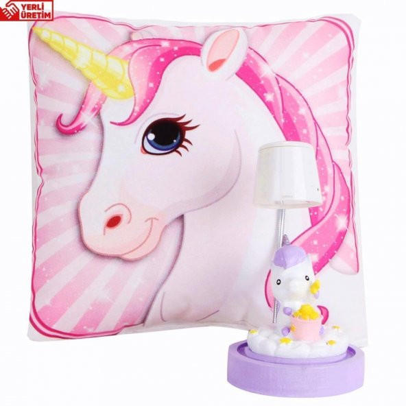 Pembe Unicorn Puf Yastık Sevimli Unicorn Masa Gece Lambası Işıklı Biblo Hediye Seti - 1