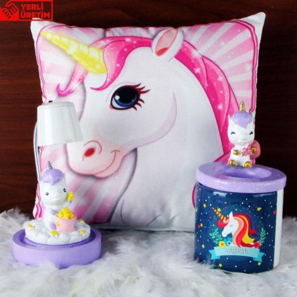 Unicorn Puf Yastık Unicorn Biblolu Kalemlik Unicorn Işıklı Biblo Hediye Seti - 1