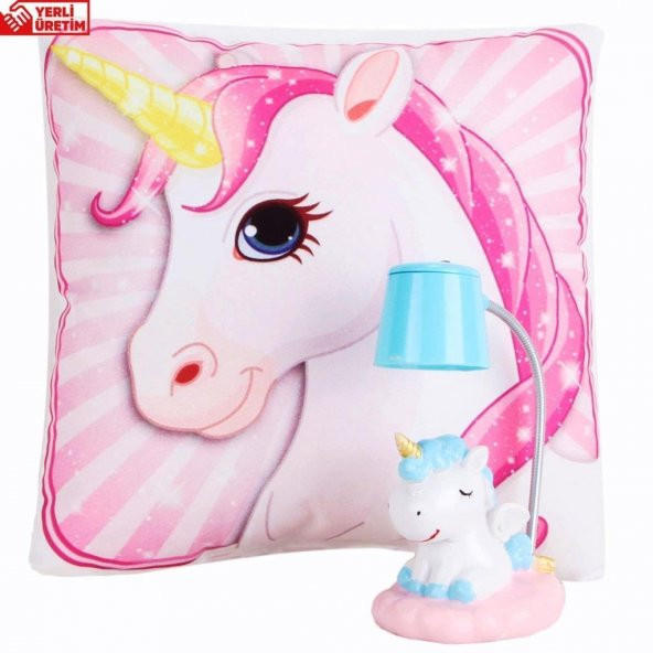 Pembe Unicorn Puf Yastık Ponçik Unicorn Masa Gece Lambası Işıklı Biblo Hediye Seti