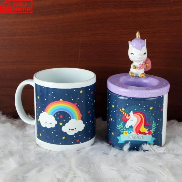 Gülümseyen Gökkuşağı Unicorn Kalemlik Unicorn Kupa Hediye Seti