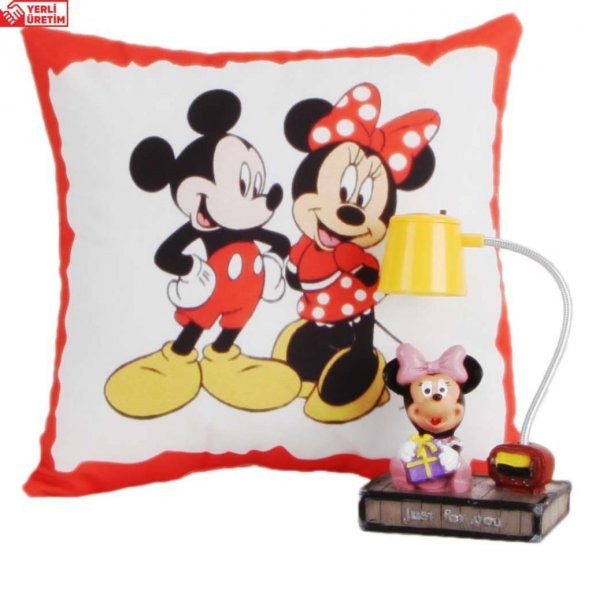 Mickey Mouse Minnie Mouse Puf Yastık Minnie Mouse Masa Gece Lambası Işıklı Biblo Hediye Seti
