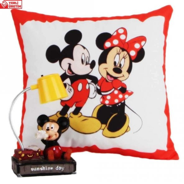 Mickey Mouse Minnie Mouse Puf Yastık Mickey Mouse Masa Gece Lambası Işıklı Biblo Hediye Seti