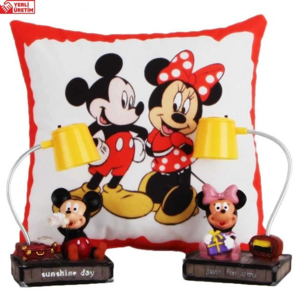 Mickey Mouse Minnie Mouse Puf Yastık Mickey Minnie Masa Gece Lambası Işıklı Biblo Hediye Seti