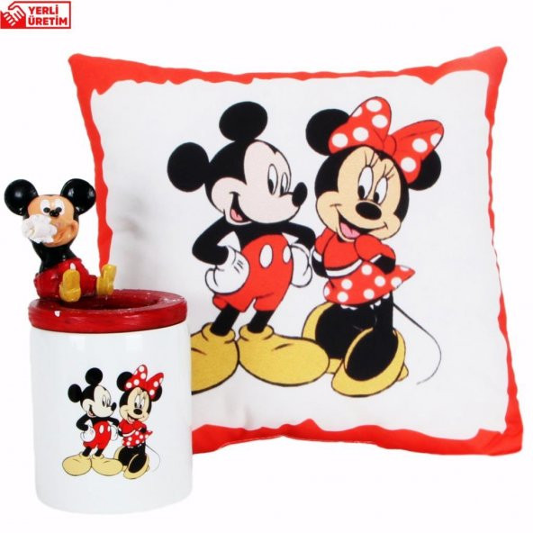 Mickey Mouse Minnie Mouse   Biblolu Kalemlik Mickey Minnie Puf Yastık Hediye Seti