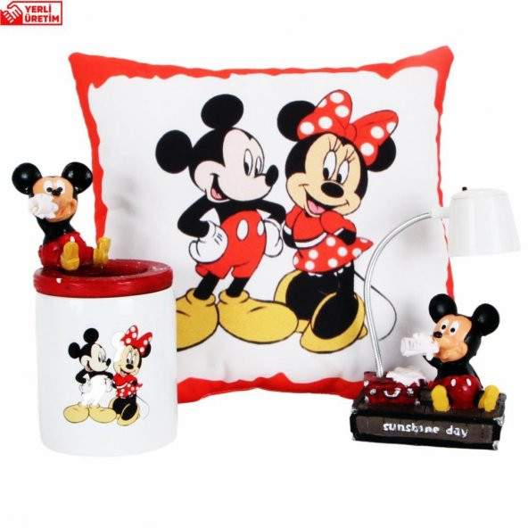 Mickey Mouse Minnie Mouse Kalemlik Puf Yastık Mickey Mouse Işıklı Biblo Hediye Seti