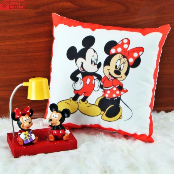 Mickey Mouse Minnie Mouse Işıklı Biblo Masa Gece Lambası Mickey Minnie Puf Yastık Hediye Seti