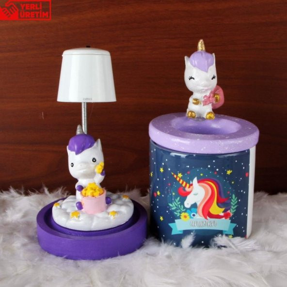 Gülümseyen Gökkuşağı Unicorn Biblo Kalemlik Unicorn Işıklı Biblo Hediye Seti