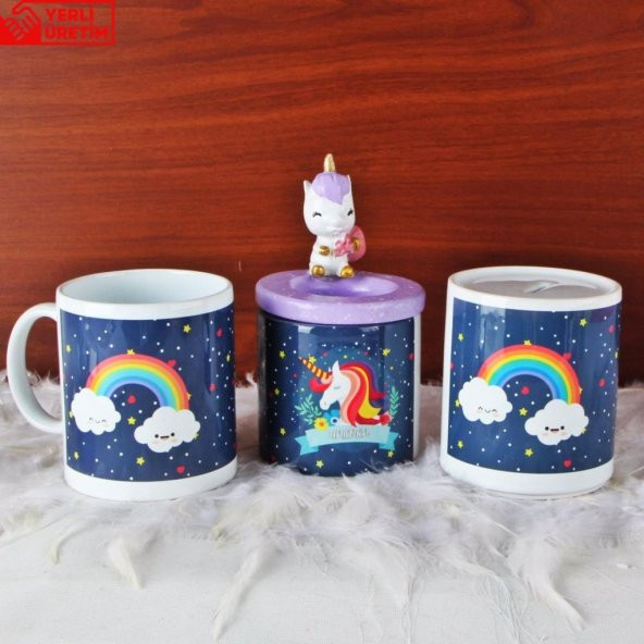 Gülümseyen Gökkuşağı Unicorn Biblo Kalemlik Unicorn Kumbara Unicorn Kupa Hediye Seti