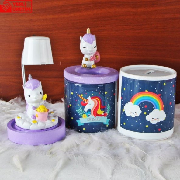 Gülümseyen Gökkuşağı Unicorn Kalemlik Unicorn Işıklı Biblo Masa Lambası Kumbara Hediye Seti
