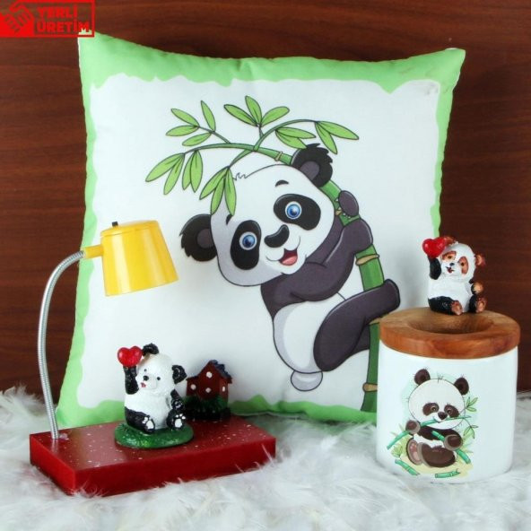 Evini Özleyen Panda Işıklı Biblo Puf Yastık Panda Biblo Kalemlik Hediye Seti