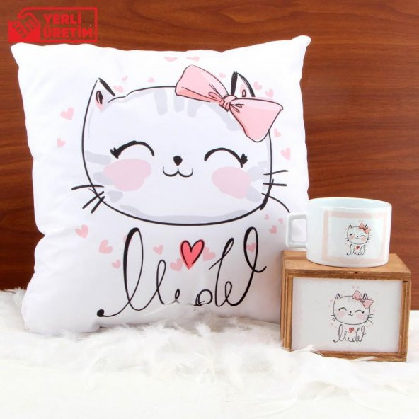 Sevimli Kedi Büyük Yastık Kedi Ahşap Kutulu Kupa Hediye Seti