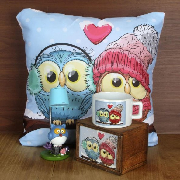 Best Frends Baykuşlar Kutulu Kupa Büyük Yastık Mavi Baykuş Işıklı Biblo Seti