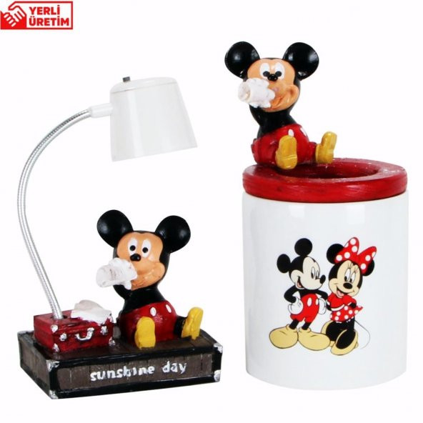 Mickey Mouse Işıklı Biblo Masa Gece Lambası Mickey Mouse Minnie Mouse Kalemlik Hediye Seti