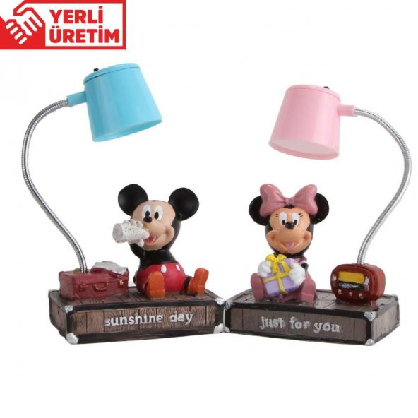 Mickey Mouse ve Minnie Mouse Mavi Pembe Işıklı Masa Gece Lambası Biblo Hediye Seti