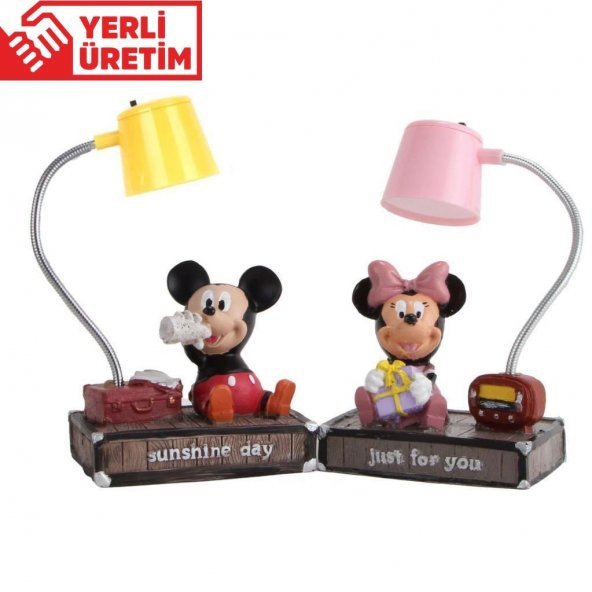 Mickey Mouse ve Minnie Mouse Sarı Pembe Işıklı Masa Gece Lambası Biblo Hediye Seti