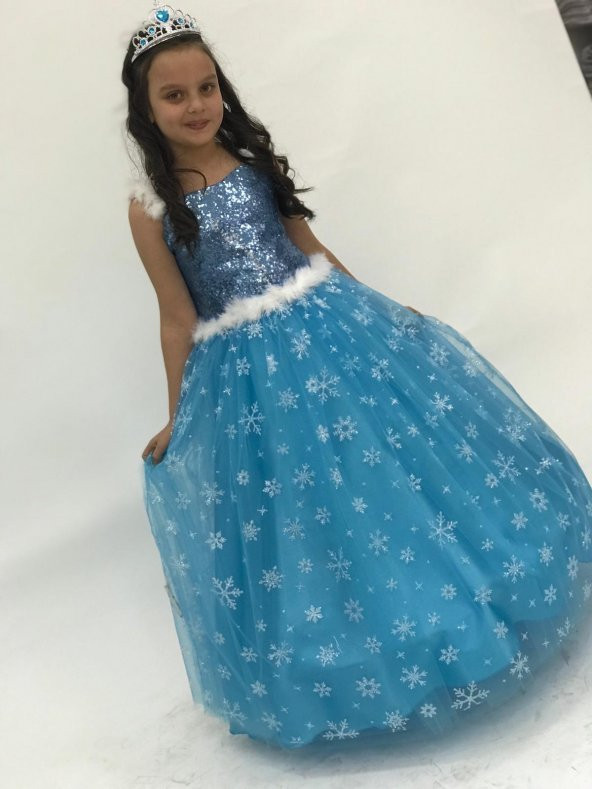 Elsa Frozen Resimsiz Gelinlik Abiye Tarlatanlı Kostüm - 2