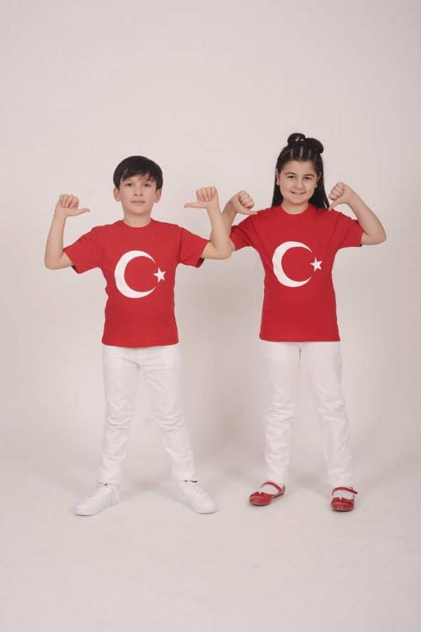 Erkek ve Kız Çocuk Türk Bayraklı 23 Nisan Çocuk Tişört - 3