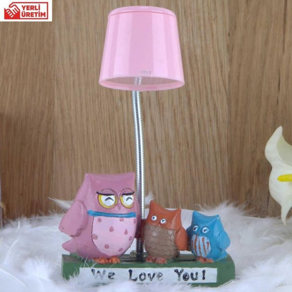 Sevgili Baykuş Ailesi Pembe Masa Gece Lambası Işıklı Biblo - 3