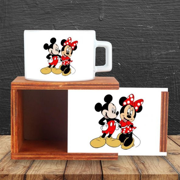 Mickey Mouse Ve Minnie Mouse Ahşap Doğal Kutulu Kupa 2