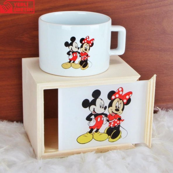 Mickey Mouse Ve Minnie Mouse Ahşap Doğal Kutulu Kupa 2
