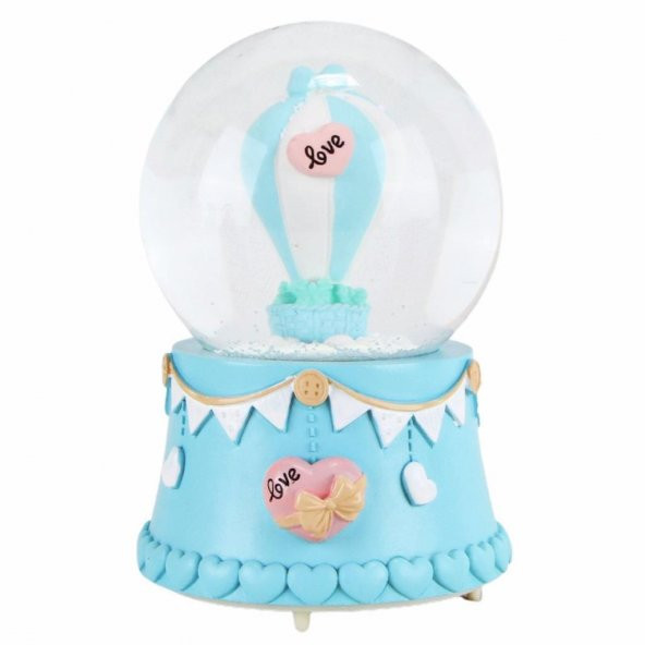 Mutluluğa Ve Sevgiliye Uçan Mavi Balon Su Küresi Orta Boy Işıklı Müzikli Kar Küresi