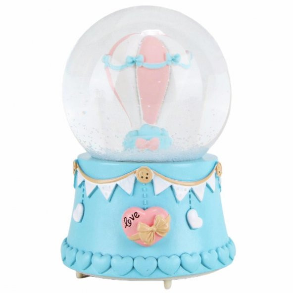 Mutluluğa Ve Sevgiliye Uçan Pembe Balon Su Küresi Orta Boy Işıklı Müzikli Kar Küresi
