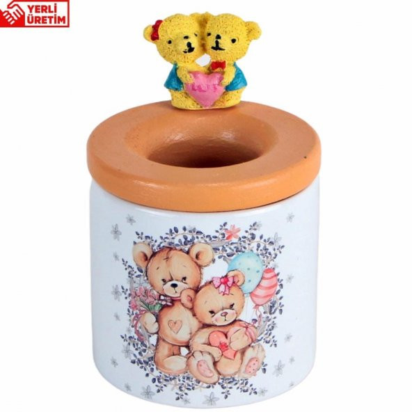Sevimli Ayıcık Baskılı Kalemlik Kalp Tutan Ayıcık Biblolu Seramik Kalemlik