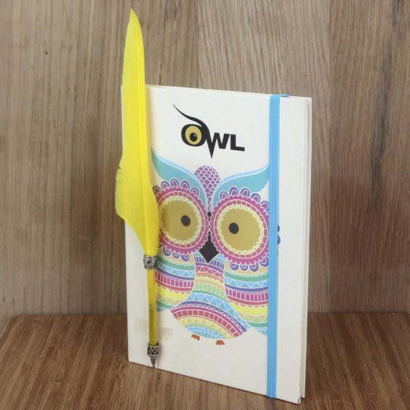 Baykuş Sert Kapak Lastikli Defter Tüylü Kalem Seti