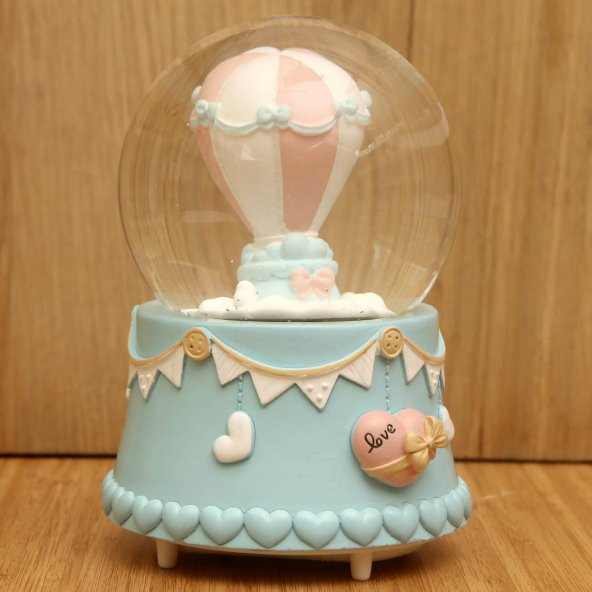 Mutluluğa Ve Sevgiliye Uçan Pembe Balon Su Küresi Kurmalı Büyük Boy Kar Küresi - 2
