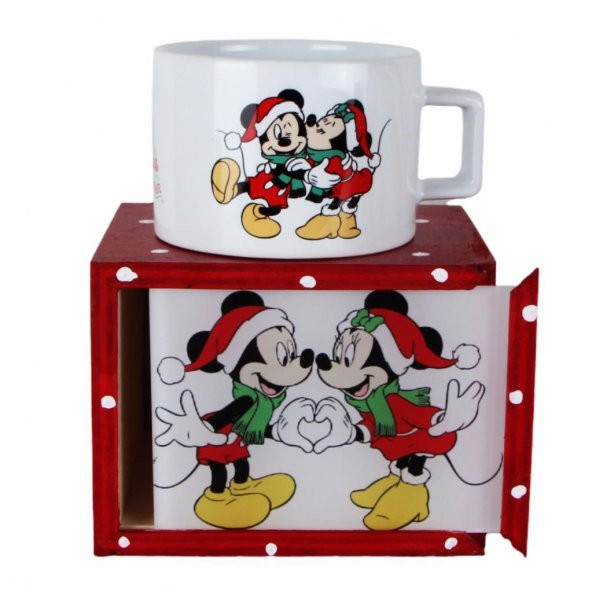 Mickey Mouse Minnie Mouse Yılbaşı Puantiyeli Doğal Ahşap Kutulu Kupa Yılbaşı Hediyesi