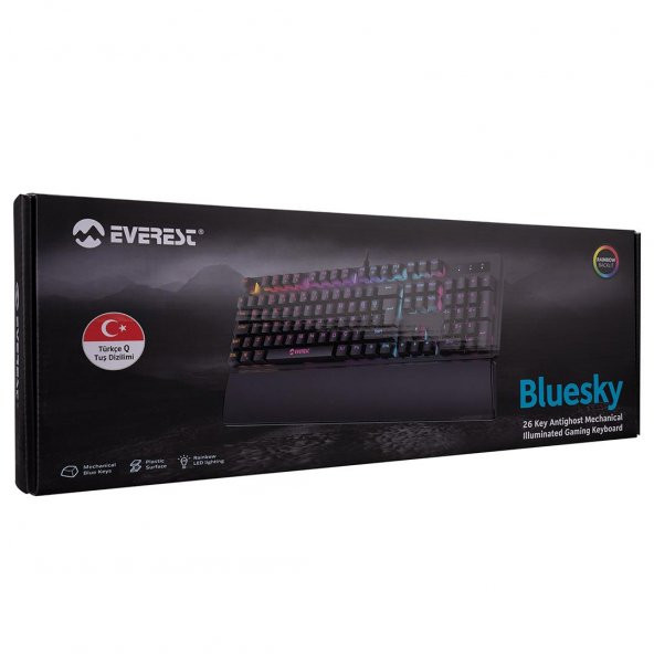 Everest KB-GX7 Bluesky Full Rainbow 9 Renk Mavi Switch Deri Bilek Destekli Mekan - 6