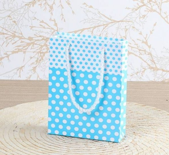 14x17 cm Puantiyeli Mavi Renk Tutma İpli 25 li Karton Çanta