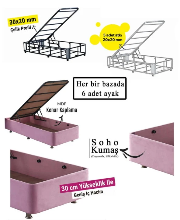 Niron  Pinky Baza ve Başlık - 100x200 cm Tek Kişilik Sandıklı Pembe Kumaş Baza ve Başlığı Silinebilir - Resim 5