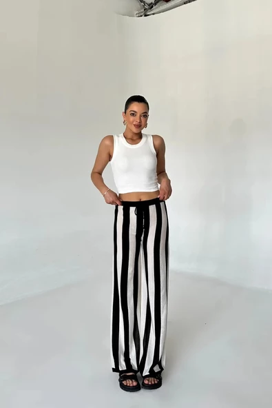 Siyah-Krem Çizgili Bağcıklı Pantolon - 6