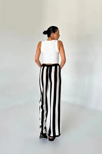 Siyah-Krem Çizgili Bağcıklı Pantolon - 7