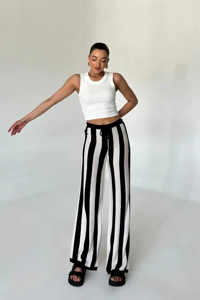 Siyah-Krem Çizgili Bağcıklı Pantolon - 4