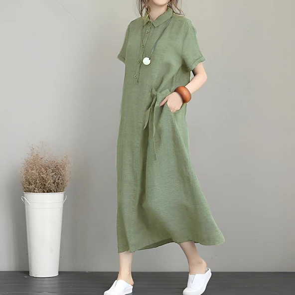 Keten Günlük Kısa Kol Tam Boy Yazlık Salaş Kadın Elbise - Resim 2