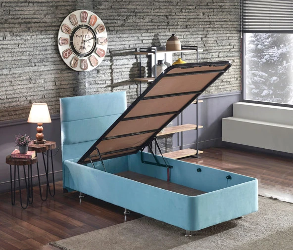 Cozy Baza ve Başlık - 120x200 cm Tek Kişilik Sandıklı Bebek Mavisi Kumaş Baza ve Başlığı Silinebilir