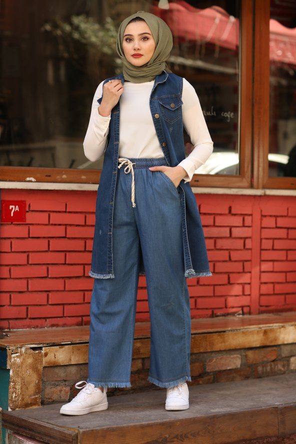 O-1057 Paçasi Püsküllü  Kot Pantolon - Mavi - 1