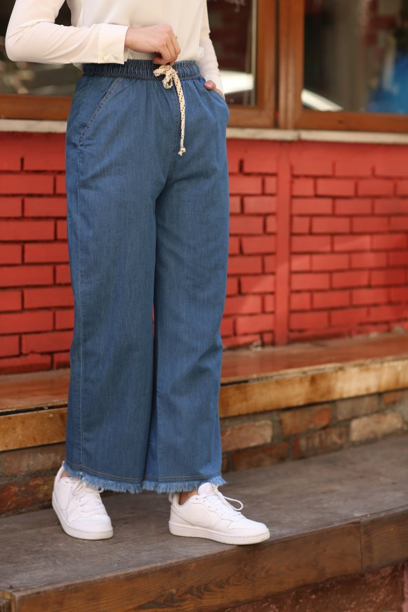 O-1057 Paçasi Püsküllü  Kot Pantolon - Mavi - 5