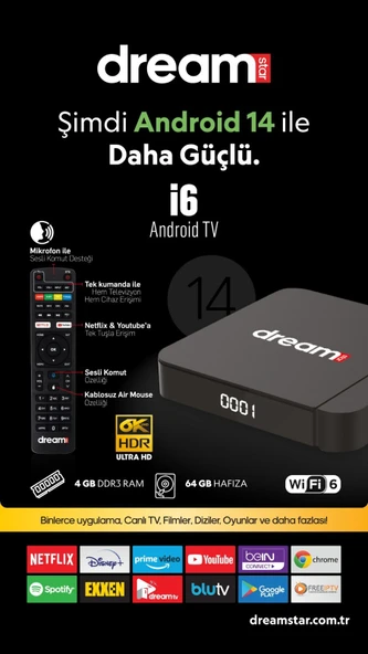 Dreamstar I6 Android 14 Tv Box 4gb Ram 64 Gb Hafıza Air mouse Sesli Komut Kumanda